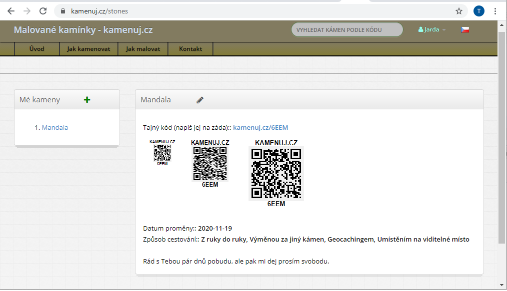 Registrace putovního kamínku Registrace putovního kamínku